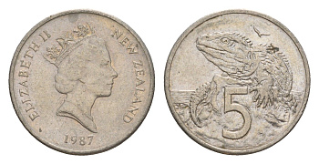 Новая Зеландия 5 центов 1987 Елизавета II (1952-2022), ящерица гаттерия KM 60 медно-никель 4178-366
