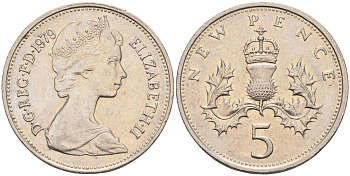 Великобритания 5 пенсов 1979 Елизавета II (1952-2022) KM 911, Spink 4233 (D1) медно-никель 4116-813