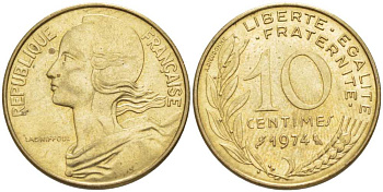 ФРАНЦИЯ 10 САНТИМОВ 1974 ТИП MARIANNE KM 929, LE FRANC 144.14 алюминиевая бронза 66-559