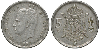 Испания 5 песет 1975 (78) Хуан Карлос I (1975-2014) KM 807 медно-никель 72-1443