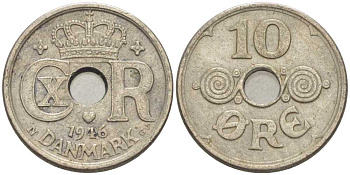 ДАНИЯ 10 ЭРЕ 1946 N ; GJ, КРИСТИАН X (1912-1947) KM 822.2 медно-никель 4383-134