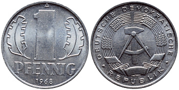 ГДР 1 ПФЕННИГ 1968 А KM 8.1 алюминий UNC 4398-747