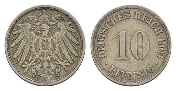 Германия 10 пфеннигов 1901 F, Вильгельм II (1888-1918) KM 12, J. 13 медно-никель 4640-253