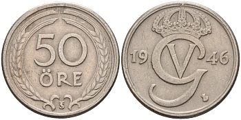 Швеция 50 эре 1946 TS, Густав V (1907-1950) KM 796 никель бронза 4148-854