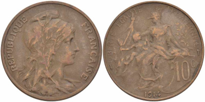 ФРАНЦИЯ 10 САНТИМОВ 1914 ТИП ДАНИЭЛЬ ДЮПЮИ KM 843, LA FRANC 136.24 бронза 109-342