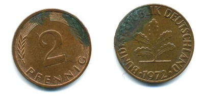ФРГ 2 пфеннига 1972 F KM 106a, J.381a сталь плакированная медью 3999-1138