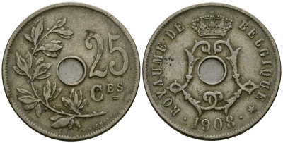 Бельгия 25 сантимов 1908 Belgique KM 62 медно-никель 4168-1142