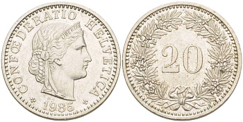 Швейцария 20 раппенов 1985 KM 29а медно-никель 4544-336