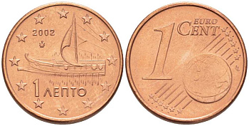 ГРЕЦИЯ 1 ЕВРОЦЕНТ 2002 KM 181 сталь плакированная медью UNC 214-335