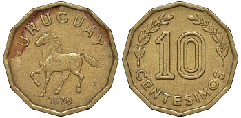 Уругвай 10 сентесимо 1976 KM 66 алюминиевая бронза 4164-719