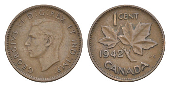 Канада 1 цент 1942 Георг VI (1936-1952), кленовый лист KM 32 бронза 4630-515