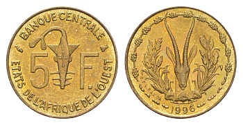 Западная Африка (BCEAO) 5 франков 1996 Центральный банк государств Западной Африки KM 2a медь алюминий никель aUNC 4643-748