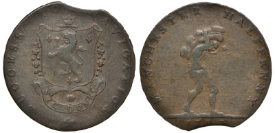 Великобритания 1/2 пенни 1793 Манчестер-Ланкашир, жетон, брак кружка DH 135 медь 1516-1334