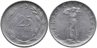 ТУРЦИЯ 25 КУРУШЕЙ 1962 KM 892.2 нержавеющая сталь 4541-544