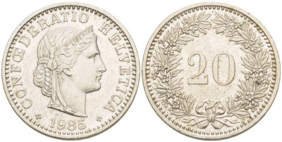 Швейцария 20 раппенов 1985 KM 29а медно-никель 4544-336
