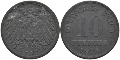 Германия 10 пфеннигов 1921 KM 26 цинк 4171-256