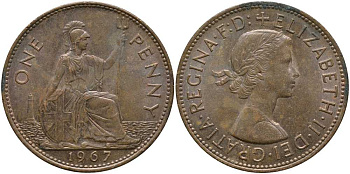 Великобритания 1 пенни 1967 Елизавета II (1952-2022) КМ 897, Spink 4157 бронза 115-511