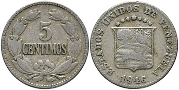 Венесуэла 5 сентимо 1946 KM 29а медно-никель 220-417
