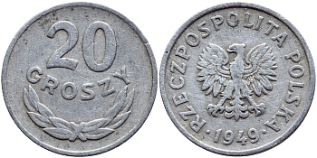 Польша 20 грошей 1949 KM 43а, Parchimowicz 207b алюминий 26-769