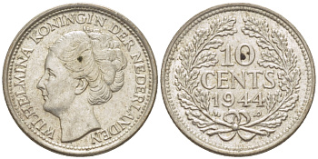 Нидерланды 10 центов 1944 Вильгельмина (1890-1948) KM 163 серебро aUNC 66-1263