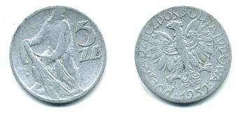 Польша 5 злотых 1959 MW, рыбак KM 47 алюминий 37-145