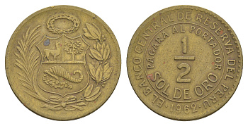 Перу 1/2 соль 1962 KM 220 латунь 4620-231