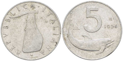 ИТАЛИЯ 5 ЛИР 1954 R, РУЛЬ, ДЕЛЬФИН KM 92 алюминий 175-115