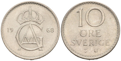 Швеция 10 эре 1968 Густав VI Адольф (1950-1973) KM 835 медно-никель 4564-746