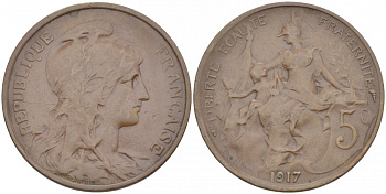 ФРАНЦИЯ 5 САНТИМОВ 1917 ТИП ДАНИЭЛЬ ДЮПЮИ KM 842, LE FRANC 119.30 бронза 4402-724