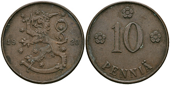 Финляндия 10 пенни 1920 республика (1918-1962) KM 24 медь 08-1023