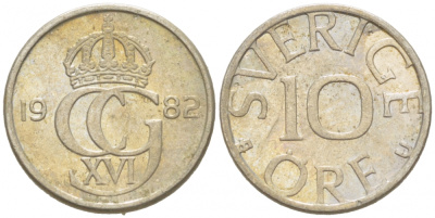 Швеция 10 эре 1982 U, Карл XVI Густав (1973- ) KM 850 медно-никель 3955-346