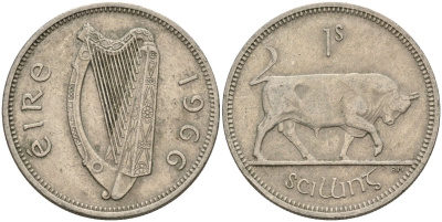 Ирландия 1 шиллинг 1966 бык KM 14a медно-никель 4146-517