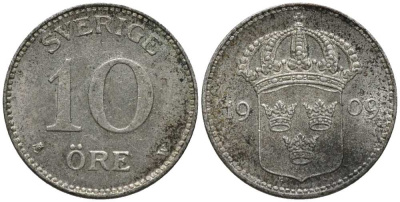 Швеция 10 эре 1909 W, Густав V (1907-1950) КМ 780 серебро 201-1066