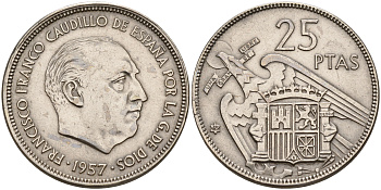 Испания 25 песет 1957 (65) Франсиско Франко (1939-1975) KM 787 медно-никель    4153-217