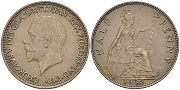 Великобритания 1/2 пенни 1932 Георг V (1910-1936) KM 837, Spink 4058 бронза 34-1012