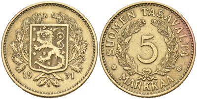 ФИНЛЯНДИЯ 5 МАРОК 1931 S KM 31 алюминиевая бронза 4563-345