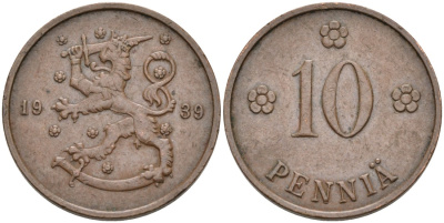 Финляндия 10 пенни 1939 KM 24 медь 4563-623