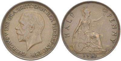 Великобритания 1/2 пенни 1932 Георг V (1910-1936) KM 837, Spink 4058 бронза 34-1012