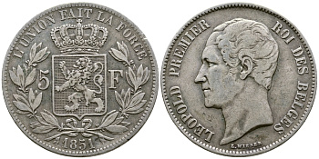 Бельгия 5 франков 1851 Леопольд I (1831-1865) KM 17 серебро 00-1067-4-14