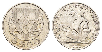 Португалия 5 эскудо 1942 KM 581 серебро 4675-743
