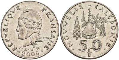 Французская Новая Каледония 50 франков 2006 хижина среди сосен и пальм, (IEOM) KM 13a, Schoen 15a, Lec 128i медно-никель 4144-825