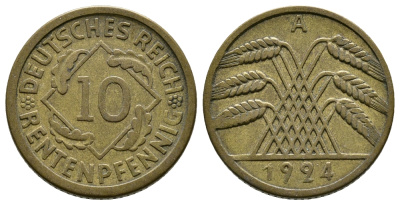 ГЕРМАНИЯ 10 РЕНТЕНПФЕННИГОВ 1924 A KM 33, J. 309, Weege 8 алюминиевая бронза 4380-933