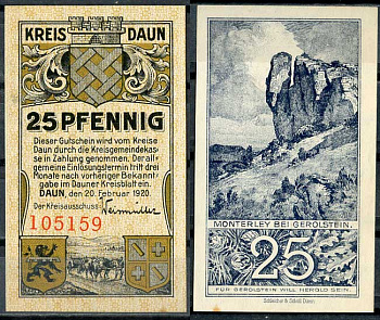 Германия, Даун 25 пфеннигов 1920 нотгельд, 20.02.1920 Mehl D7.1a бумага UNC (пресс) 8614-46-3-1