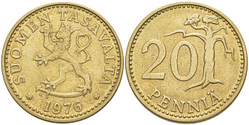 ФИНЛЯНДИЯ 20 ПЕННИ 1976 K KM 47 алюминиевая бронза 3718-1257