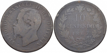 Италия 10 чентезимо 1867 OM, Виктор Эммануил II (1861-1878) KM 11.5 медь 114-624