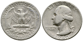 США 25 центов = квотер 1940 Вашингтон KM 164 серебро 4385-436