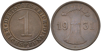 Германия 1 рейхспфенниг 1931 E KM 37, J.313, Weege 2 медь 4585-624