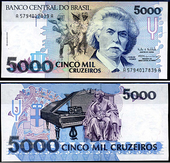 Бразилия 5000 крузейро ND (1990-1993) серия А 5794, Карлось Гомес, музыкант, рояль Pick 232 c бумага UNC (пресс) 6317-11-3-2