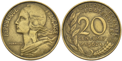 ФРАНЦИЯ 20 САНТИМОВ 1962 KM 930 медь алюминий никель 67-735
