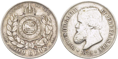 Бразилия 500 рейс 1889 Педро II (1831-1889) KM 480 серебро    4529-322
